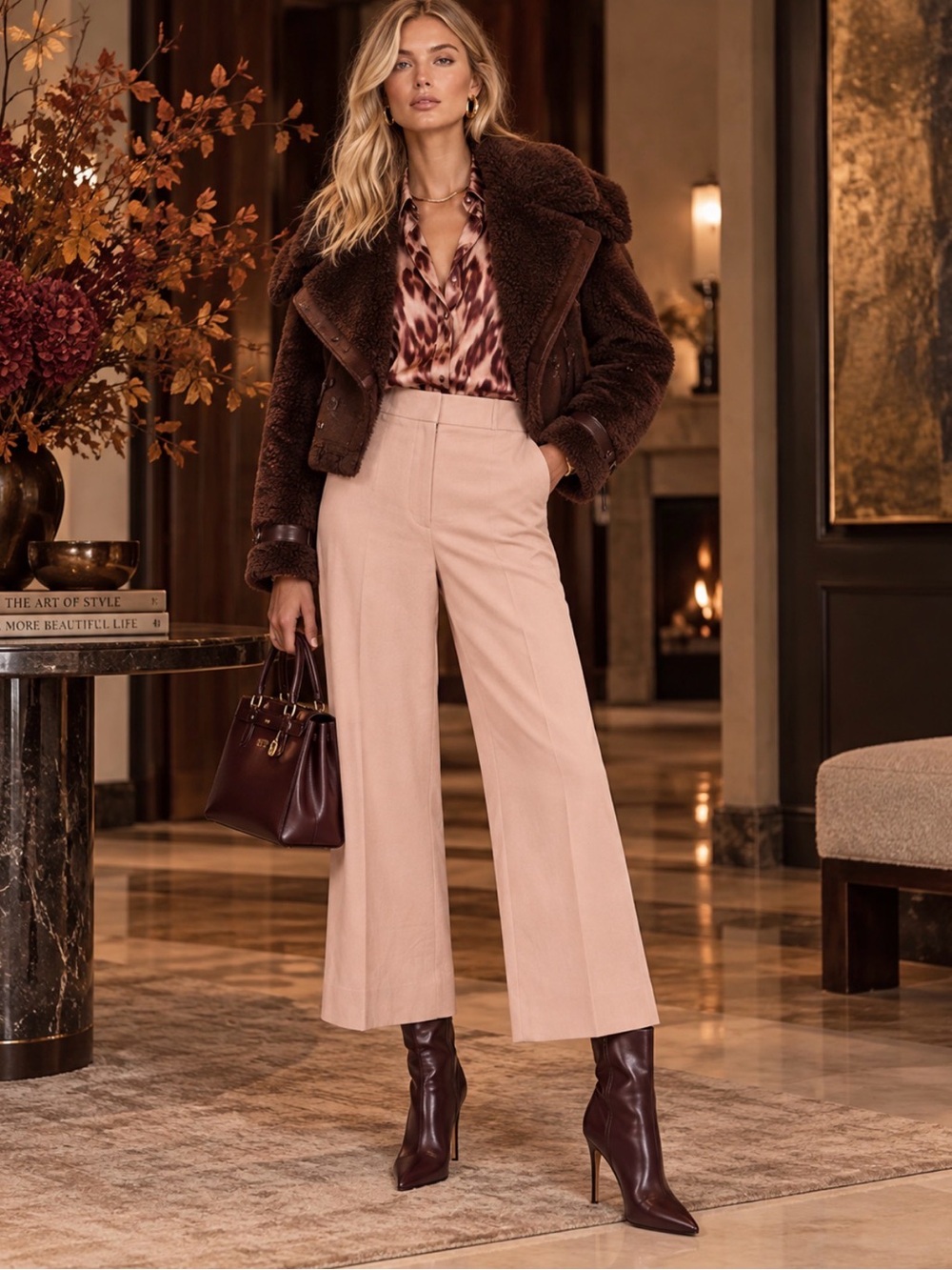 Veronica Beard Pale Blush High-Rise Wide-Leg Trousers